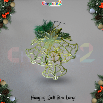 Large Decorative Christmas Hanging Bell – Golden Ornament with Floral & Pine Accents