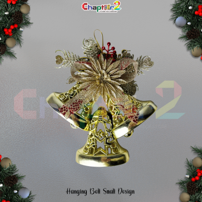 Christmas Hanging Golden Bells – Small Design with Glitter Flower & Festive Decorations