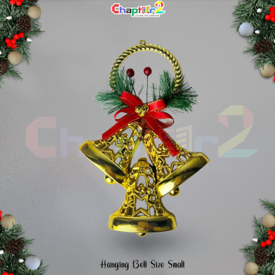 Christmas Hanging Golden Bells – Small Size Ornament with Red Bow & Pine Decor