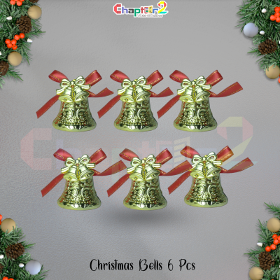 Golden Christmas Hanging Bells with Red Ribbon – 6 Pcs Decorative Ornament Set