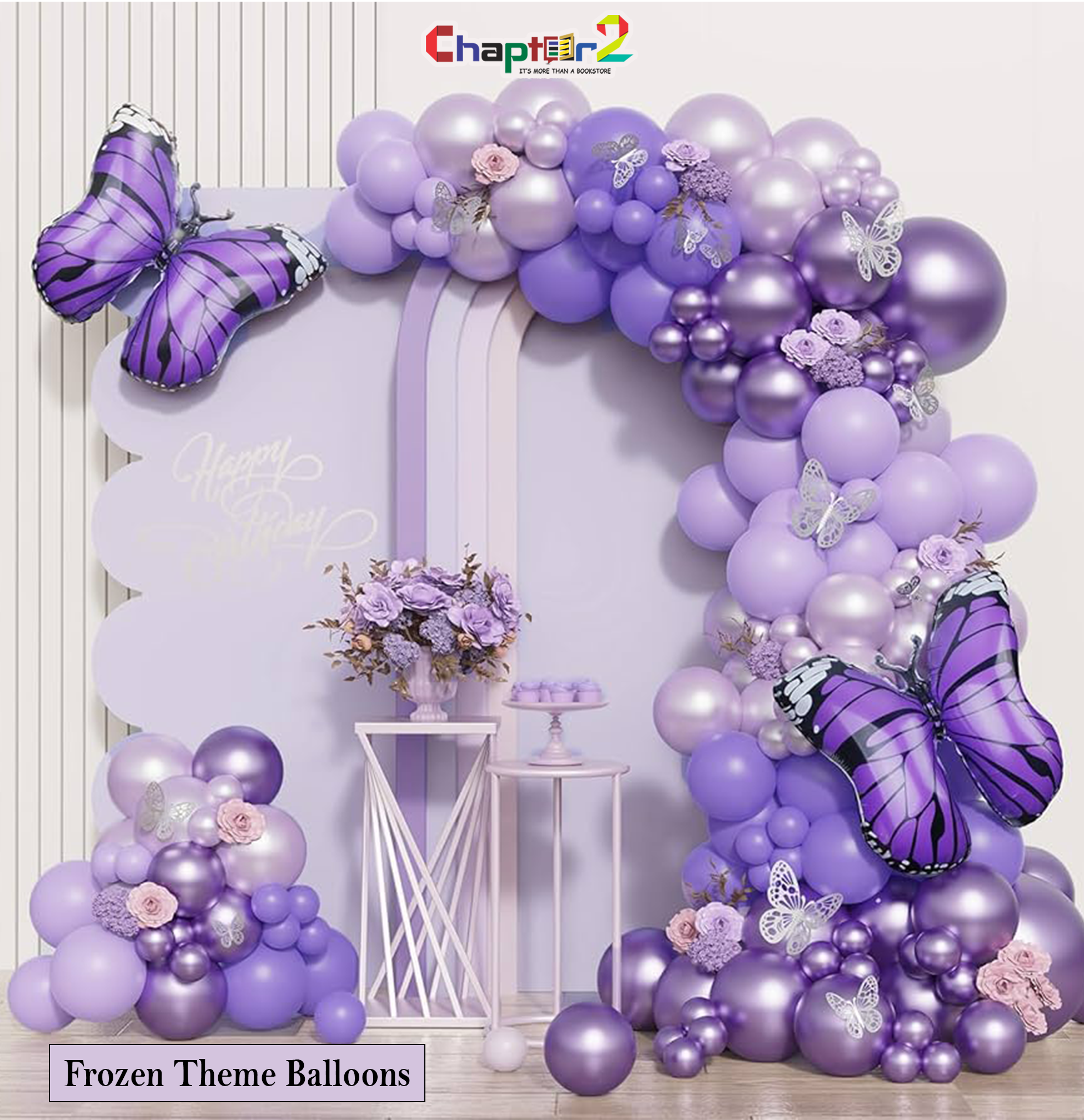 5400618a Purple butterfly balloon garland decoration set with metallic chrome balloons and giant purple butterfly foil accents