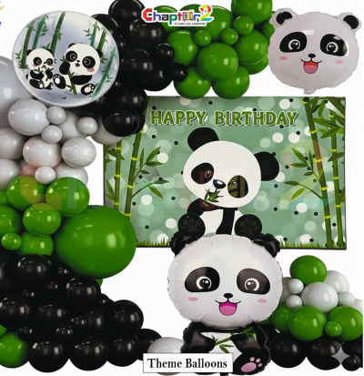 Panda Theme Balloon Decoration Set – Green & Black Balloon Arch with Happy Birthday Backdrop