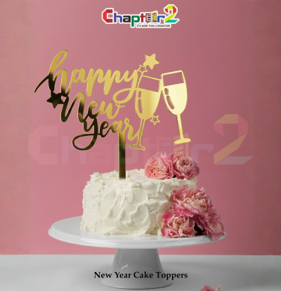 Happy New Year Gold Cake Topper – Champagne Celebration Design
