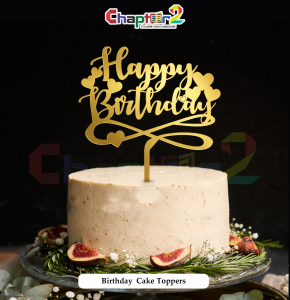 Happy Birthday Gold Acrylic Cake Topper – Heart Swirl Elegant Design