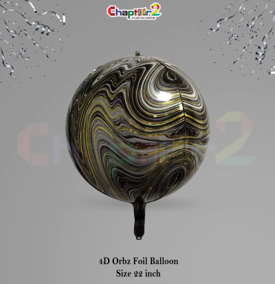 4D Orbz Foil Balloon 22 Inch – Black & Gold Marble Party Decoration