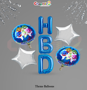 Baby Shark Happy Birthday Balloon Set – Blue HBD Letters with Silver Star Foil Balloons