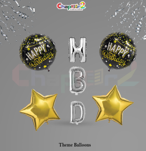 Black & Gold Happy Birthday Balloon Set with Silver HBD Letters & Star Foil Balloons