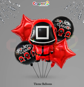 Squid Game Theme Foil Balloon Set – Red Guard Character & Star Balloons (Party Decoration)