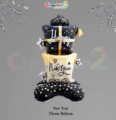 Happy New Year Gift Box Theme Foil Balloon – Black & Gold Party Decoration