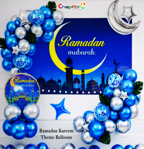 Ramadan Kareem Blue & Silver Balloon Arch Decoration Set with Moon Backdrop