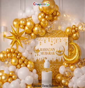 Luxury Gold & White Ramadan Mubarak Balloon Decoration Setup – Premium Home & Event Décor