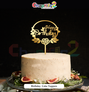 Floral Round Happy Birthday Gold Cake Topper – Elegant Flower Wreath Design