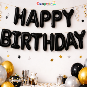 Happy Birthday Black Foil Balloon Banner – Party Decoration Set