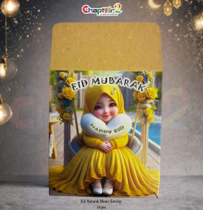 Eid Mubarak Money Envelopes for Kids – Cute Girl Yellow Dress Design (5 Inch) – 10 Pcs Eidi Cash Envelope
