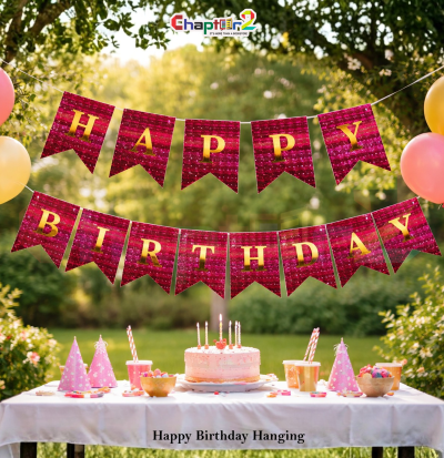 Happy Birthday Glitter Hanging Banner – Pink & Gold Party Decoration