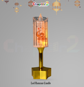 LED Ramzan Candle Light – Glitter Finish Islamic Candle with Crescent & Mosque Design (6 Inch)