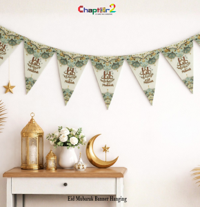 Eid Mubarak Hanging Banner – Islamic Blue & Gold Pennant Décor (12 Inch)