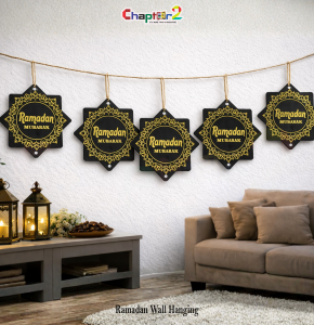 Ramadan Mubarak Geometric Wall Hanging – 38 Inch Black & Gold Islamic Décor