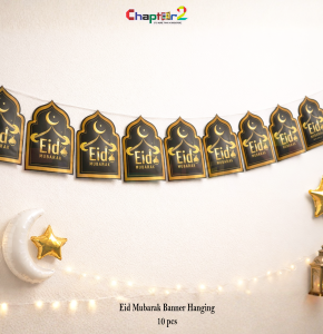 Eid Mubarak Hanging Banner – Black & Gold Islamic Mosque Design (7 Inch, 10 Pcs)