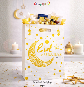 Eid Mubarak Goody Bags – White & Gold Crescent Design (10×7 Inch, 10 Pcs)