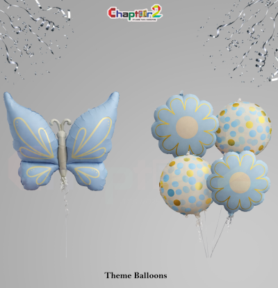 Blue Butterfly & Flower Theme Foil Balloons Set – Pastel Party Decorations