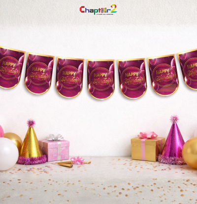 Happy Birthday Wall Hanging Banner (8 Pcs) – Maroon & Gold Party Decoration, 6.5 Inch