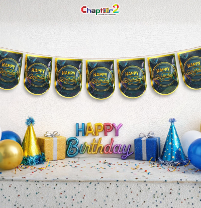 Happy Birthday Wall Hanging Banner (8 Pcs) – 6.5 Inch Dark Blue & Gold Party Decoration
