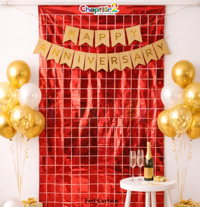 Red Foil Curtain Backdrop – Party & Anniversary Decoration Background