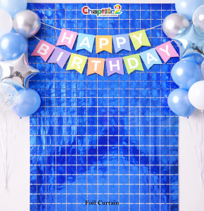Blue Foil Curtain Backdrop – Happy Birthday Party Decoration