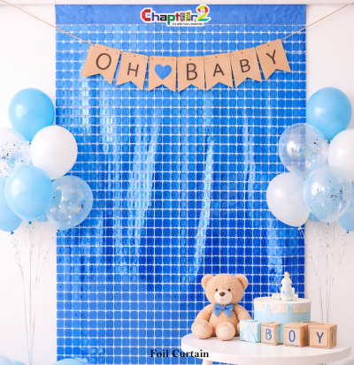 Blue Foil Curtain Backdrop – Baby Boy & Oh Baby Party Decoration