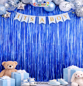 Blue Fringe Foil Curtain Backdrop – It’s a Boy Baby Shower Decoration