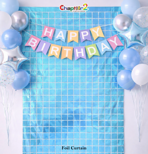 Blue Foil Curtain Backdrop – Happy Birthday Party Decoration