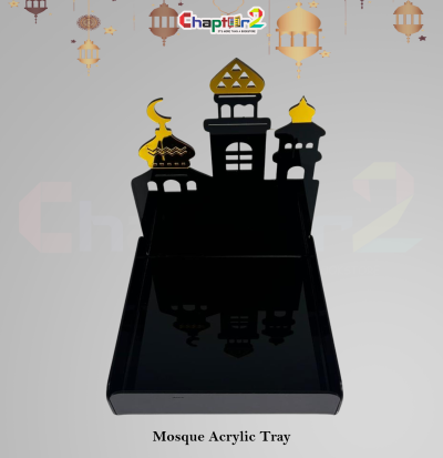 Mosque Acrylic Tray – Black & Gold Islamic Decorative Serving Tray for Ramadan & Eid