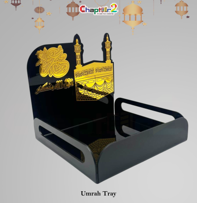Umrah Mubarak Acrylic Tray – Black & Gold Islamic Serving & Gift Tray