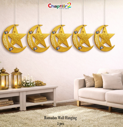 Ramadan Kareem Crescent & Star Wall Hanging – 41 Inch Gold Decorative Set (5 Pcs)