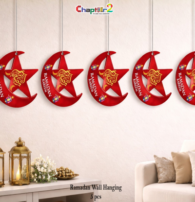 Ramadan Kareem Crescent & Star Wall Hanging – 41 Inch (5 Pcs Red Decorative Set)