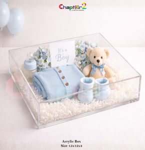 Premium Transparent Acrylic Gift Box 15x15x4 Inches – Baby Boy Hamper Box, Newborn Gift Packaging & Luxury Acrylic Tray Box