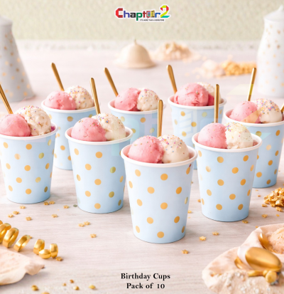 Sky Blue & Gold Polka Dot Disposable Party Cups – Elegant Birthday Cups (Pack of 10)