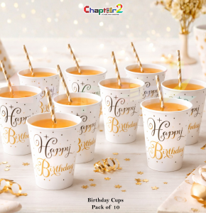 Happy Birthday Printed Disposable Party Cups – White & Gold Elegant Design (Pack of 10)