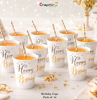 Happy Birthday Printed Disposable Party Cups – White & Gold Elegant Design (Pack of 10)