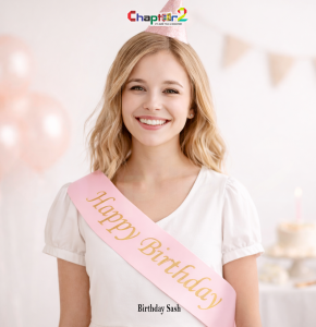 Happy Birthday Satin Sash Pink with Gold Text (32 Inch) – Birthday Party Celebration Sash