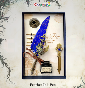 Luxury Royal Blue Feather Ink Pen Gift Set – Vintage Quill with Ink Bottle, 5 Nibs & Pen Stand