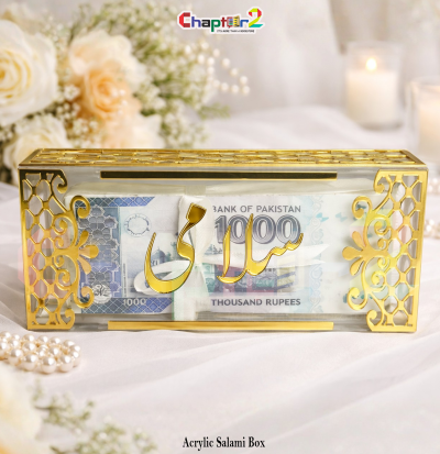Luxury Acrylic Salami Box with Gold “Salami” Text – Wedding Cash Gift Box / Eidi Money Holder (7.5 × 3.5 Inches)