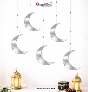 Silver Moon Hanging Decoration 8 Inch | Ramadan & Eid Crescent Wall Hanging Decor Pakistan