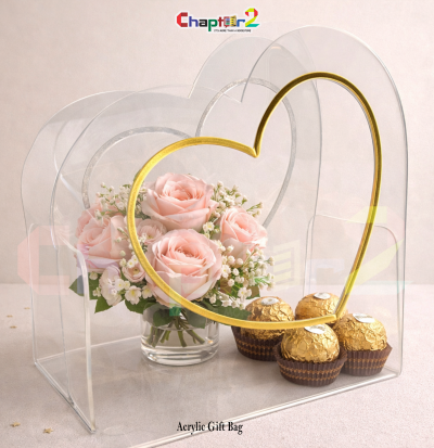 Luxury Acrylic Gift Bag with Gold Heart Handle 10×10 – Transparent Gift Box for Flowers, Chocolates & Hampers