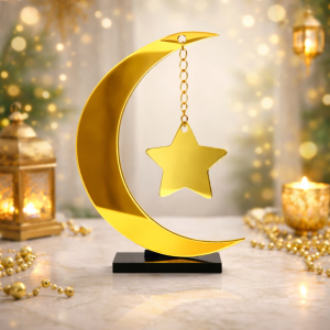 Gold Crescent Moon Acrylic Table Stand with Hanging Star 4 Inch – Ramadan & Eid Islamic Decoration