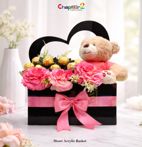 Hollow Heart Acrylic Basket 8.5x5x11.5 Inches – Luxury Gift Basket, Flower & Chocolate Hamper Box with Handle