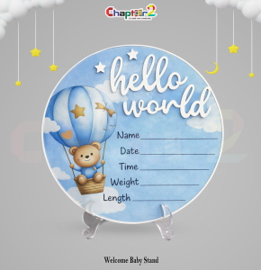 Personalized Hello World Baby Announcement Stand 30cm – Newborn Birth Details Display Plaque (Blue Teddy Balloon Theme)