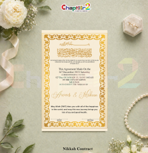 Customized Luxury Golden Floral Nikkah Contract with Frame – Islamic Marriage Certificate for Bride & Groom 💍