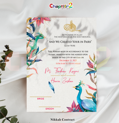 Customized Peacock Theme Islamic Nikkah Contract – Luxury Personalized Colorful Marriage Certificate for Bride & Groom